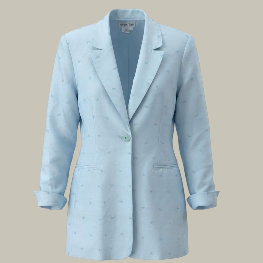 Newport News Vintage Longline 100% Silk Blazer Light Blue Embroidered Size 16